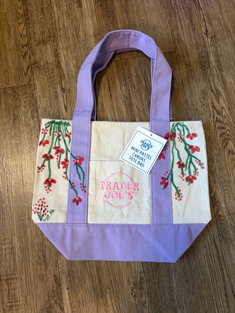 TRADER JOE’S Mini Lilac Canvas Tote Bag with Floral Painting by @sails66 13”x10”